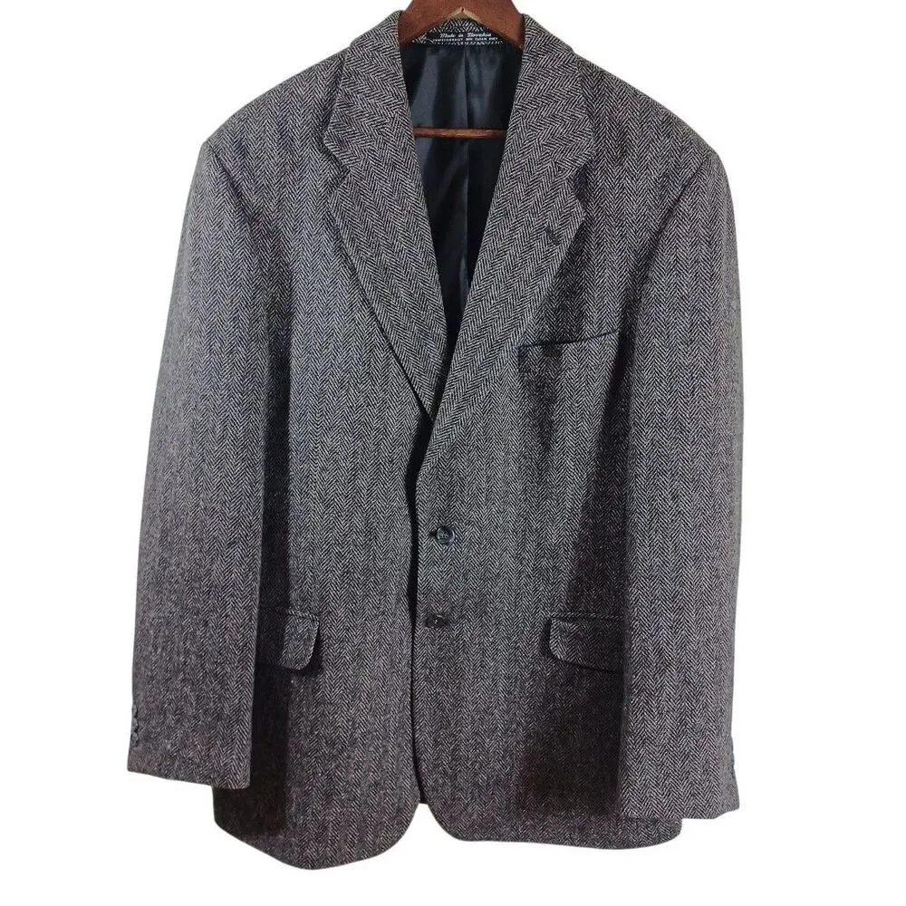 Classic Wool Heritage Y2K Wall Street 44L Gray Herringbone Prep SportCoat Blazer